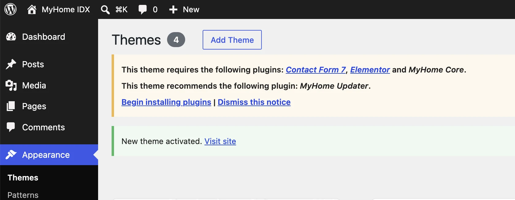 Notice listing Contact Form 7, Elementor and MyHome Core as required plugins
