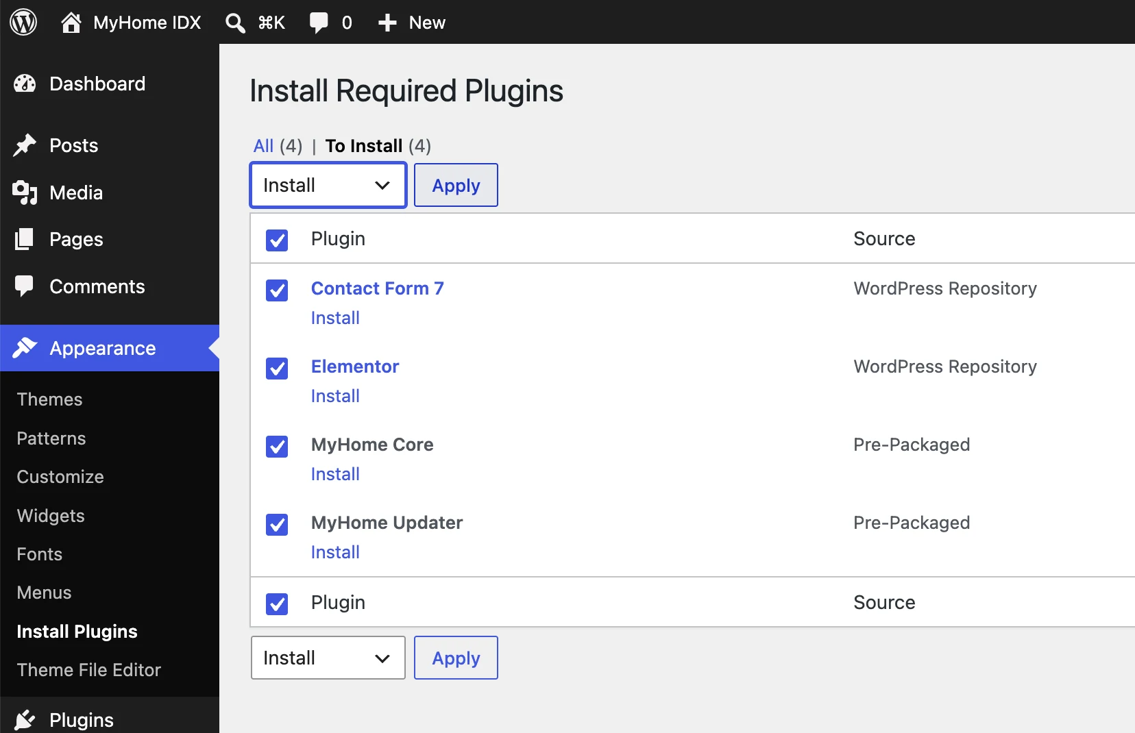 Install Required Plugins screen with all four plugins ticked