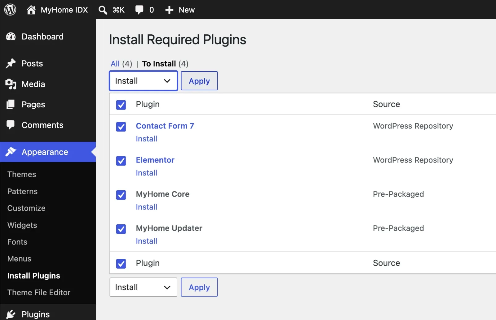 Install Required Plugins screen with all four plugins ticked