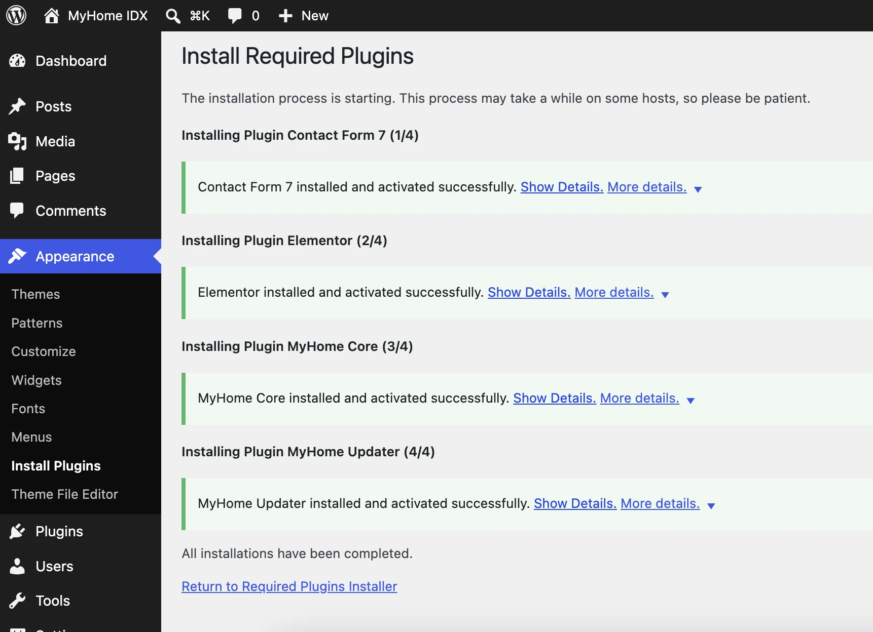 Progress screen showing all four plugins installed successfully
