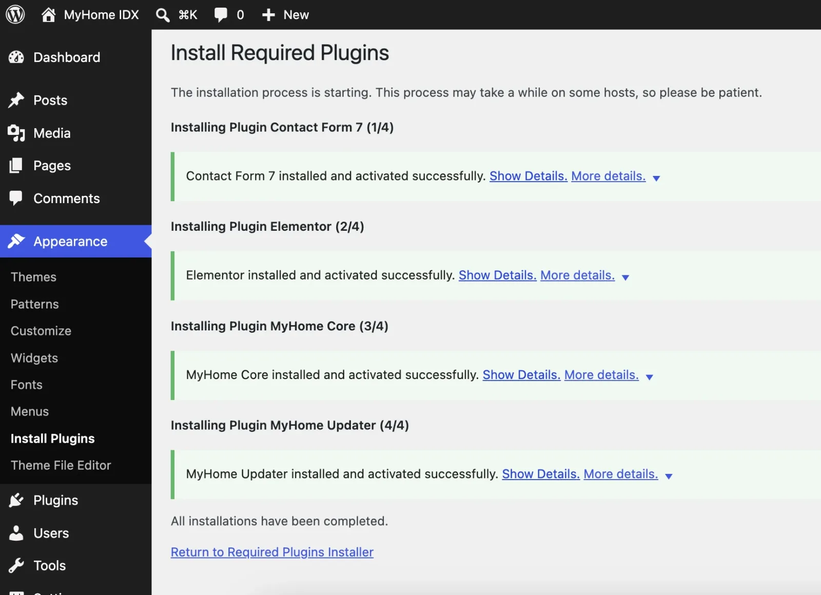 Progress screen showing all four plugins installed successfully
