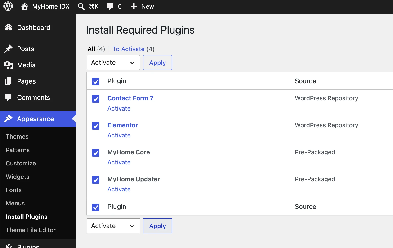 Install Required Plugins screen with the Activate action selected
