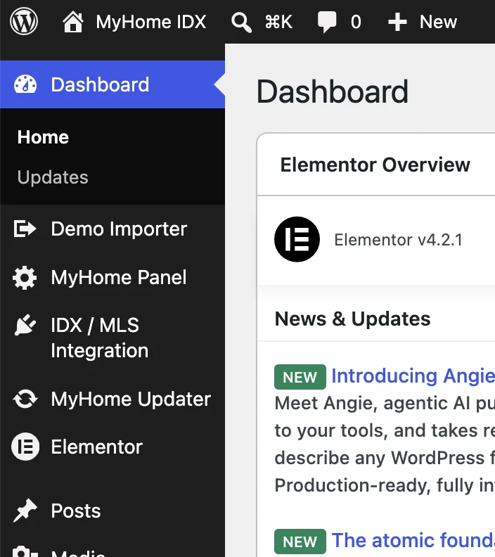 WordPress sidebar showing Demo Importer, MyHome Panel, IDX MLS Integration and MyHome Updater