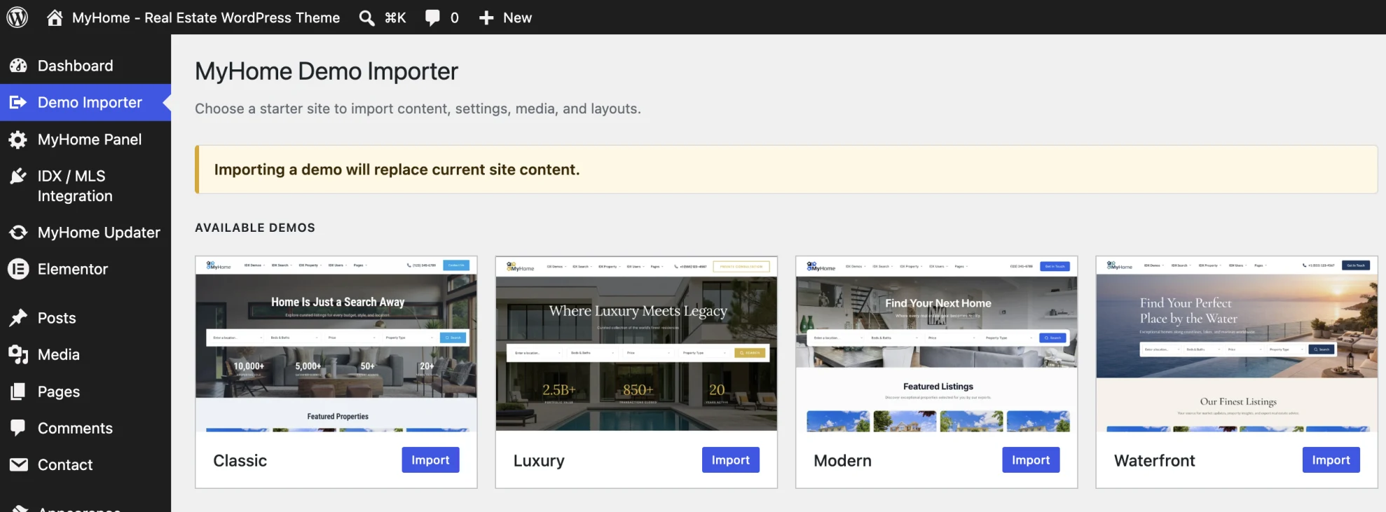 MyHome Demo Importer listing the Classic, Luxury, Modern and Waterfront starter sites