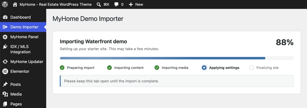 MyHome Demo Importer at 88 percent while importing the Waterfront demo