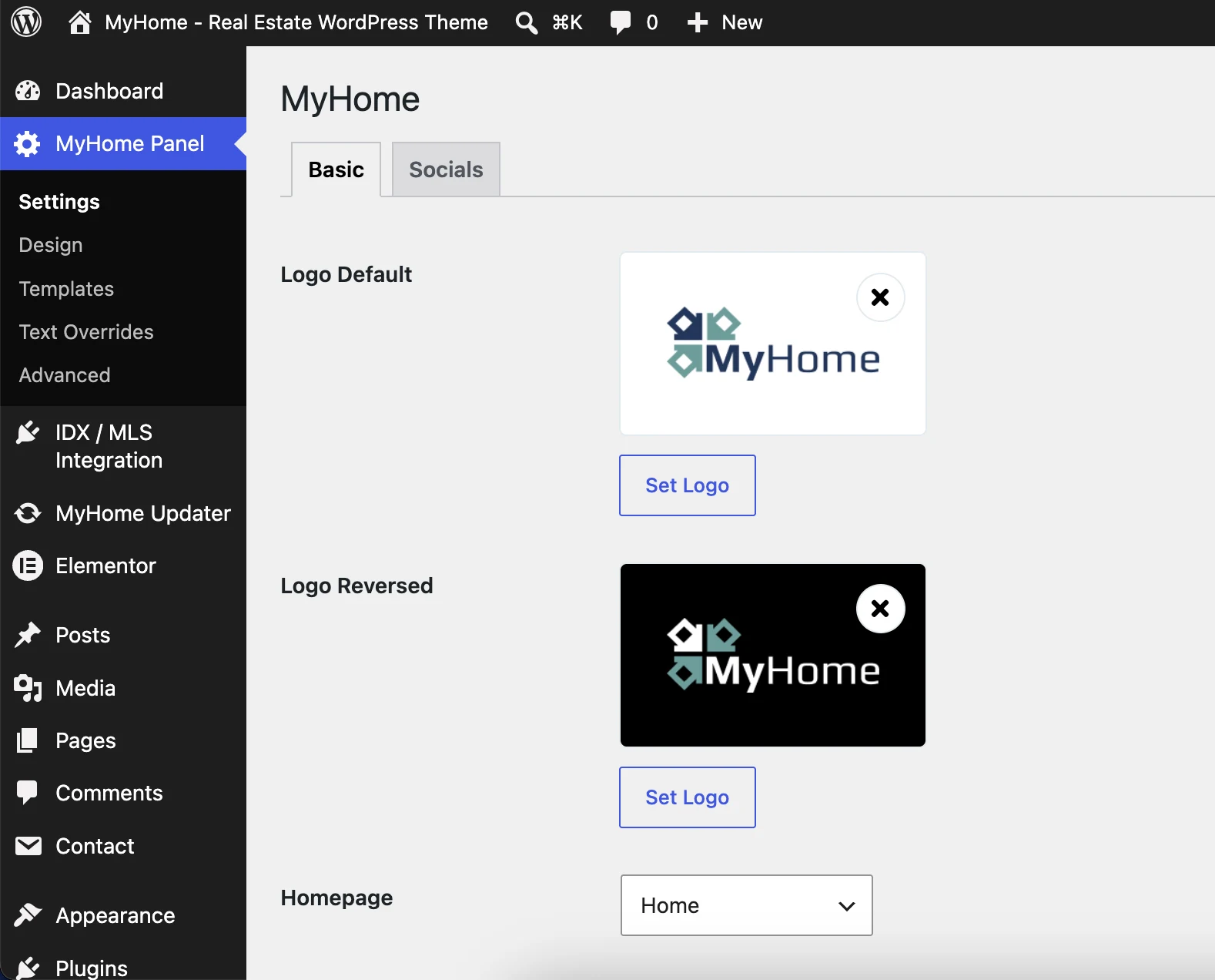 MyHome Panel settings screen opening after the demo import, with logo and homepage options