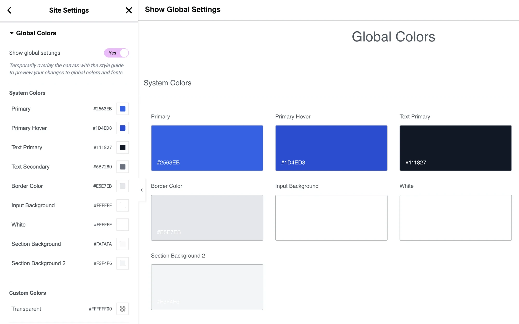 Global color settings for a MyHome IDX site, with the style guide shown on the canvas