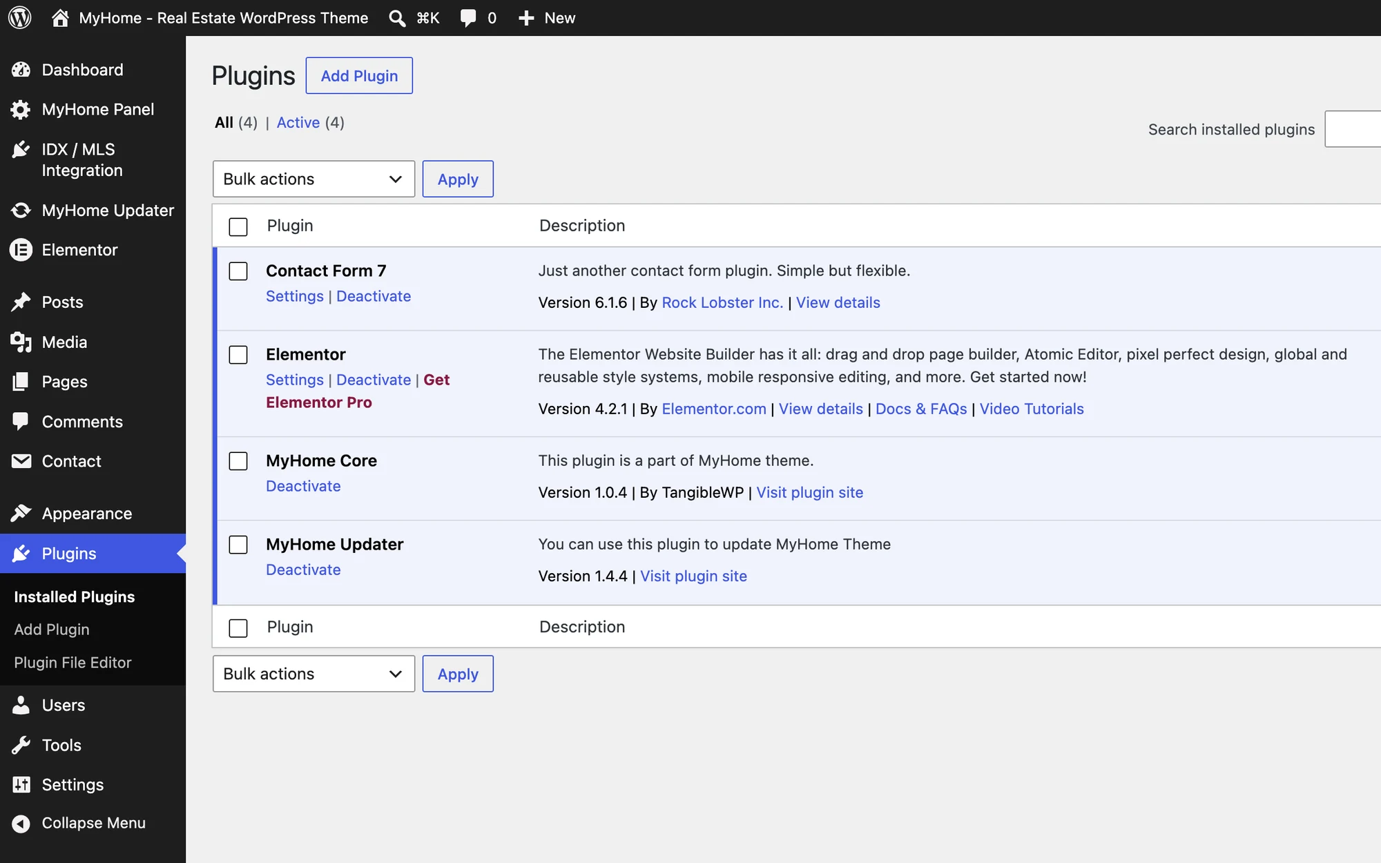 The four plugins MyHome IDX runs on, in the WordPress plugins list