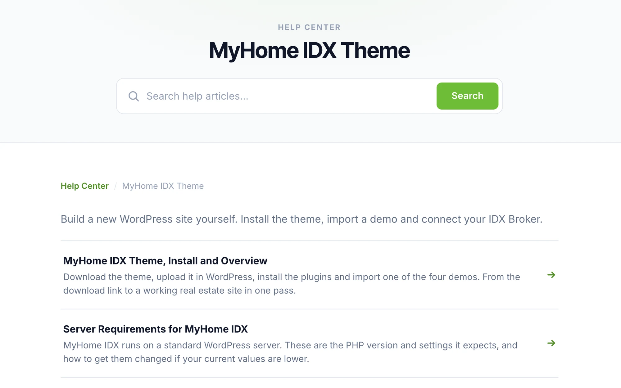 MyHome IDX guides listed in the help center