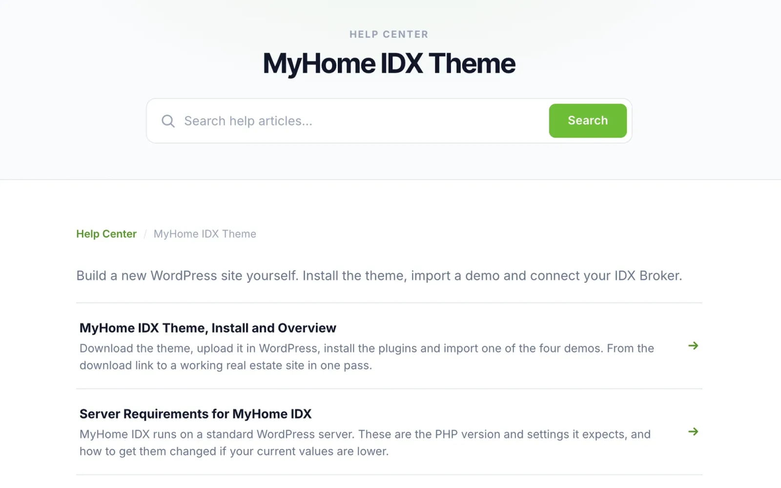 MyHome IDX guides listed in the help center