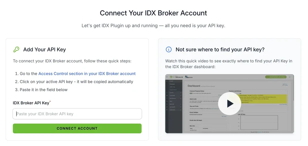 The IDX Plugin screen asking for the IDX Broker API key
