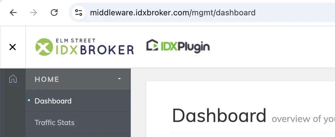 IDX Plugin logo shown next to the IDX Broker logo at the top of the IDX Broker dashboard
