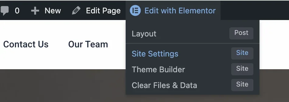 Edit with Elementor dropdown in the WordPress toolbar with Site Settings