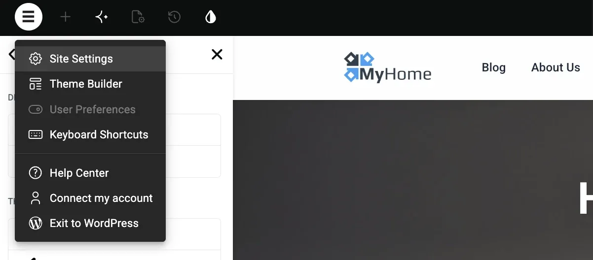 Elementor editor menu open with Site Settings highlighted