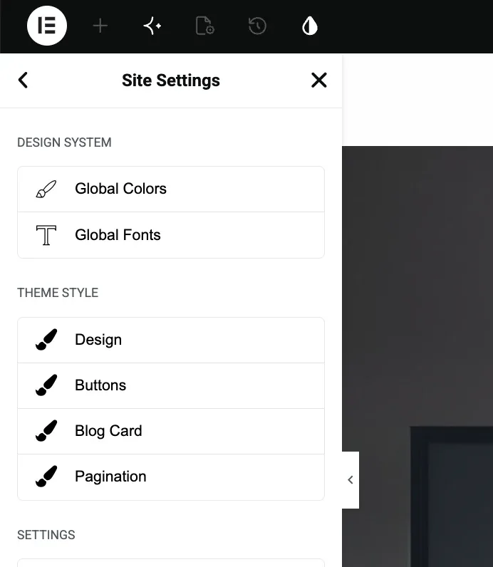 Elementor Site Settings panel with Design System and Theme Style groups