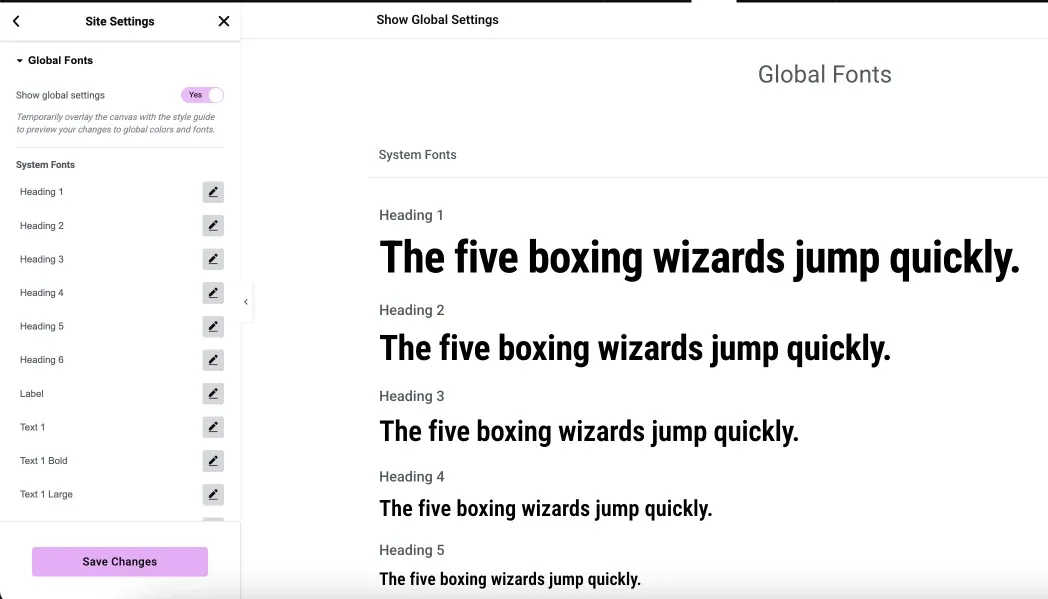 Global Fonts panel with System Fonts and the style-guide type preview