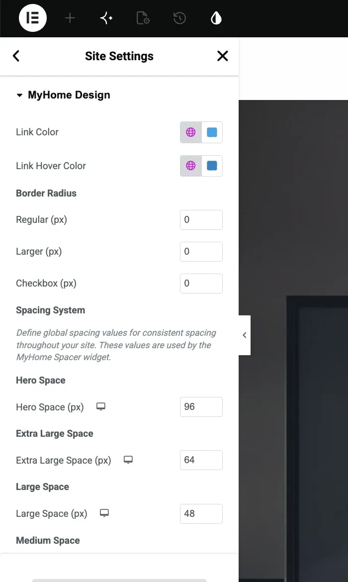 MyHome Design section with link colors, border radius and the Spacing System