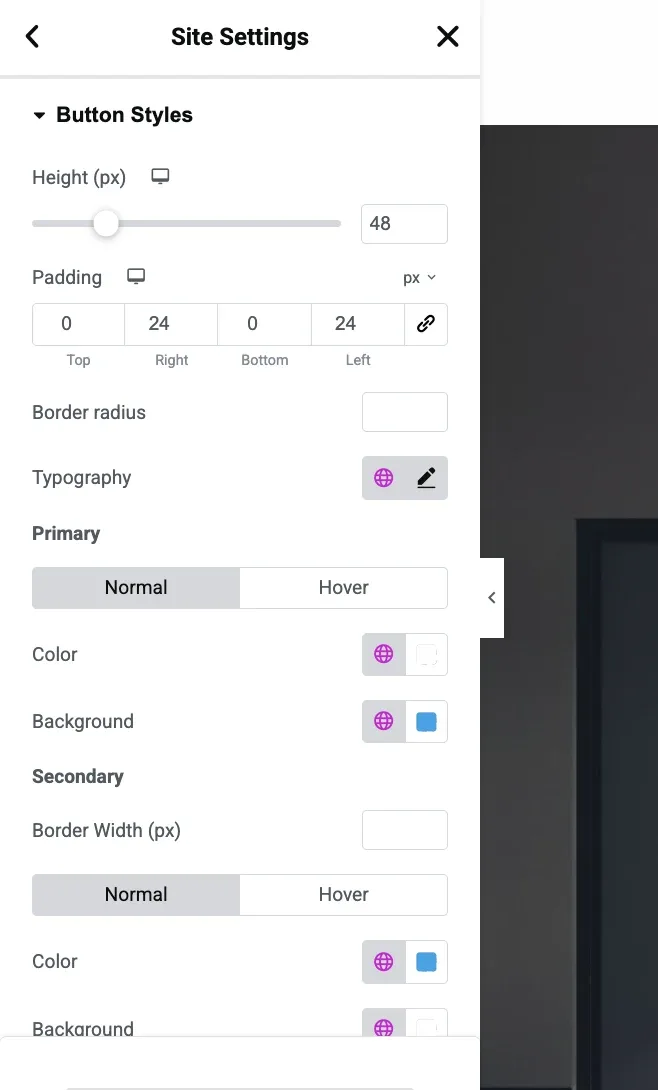 Button Styles section with height, padding, typography and primary and secondary colors