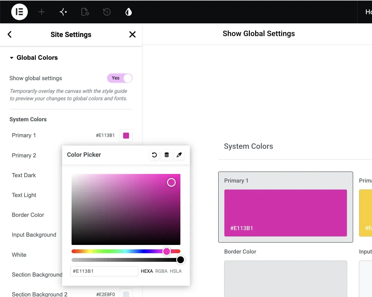 Global Colors with the color picker open, setting Primary 1 to magenta