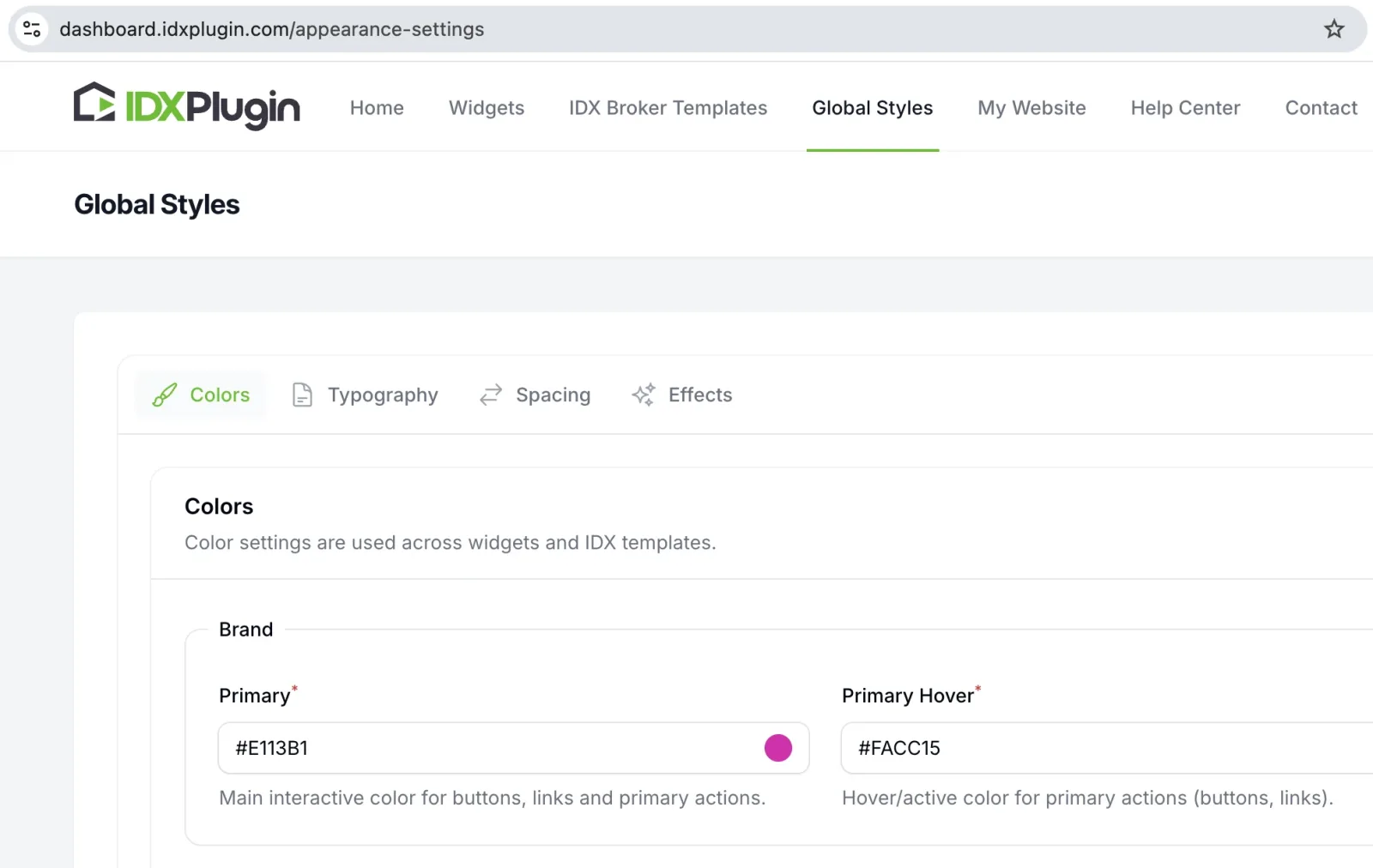 IDX Plugin Global Styles Colors tab with the synced brand primary color