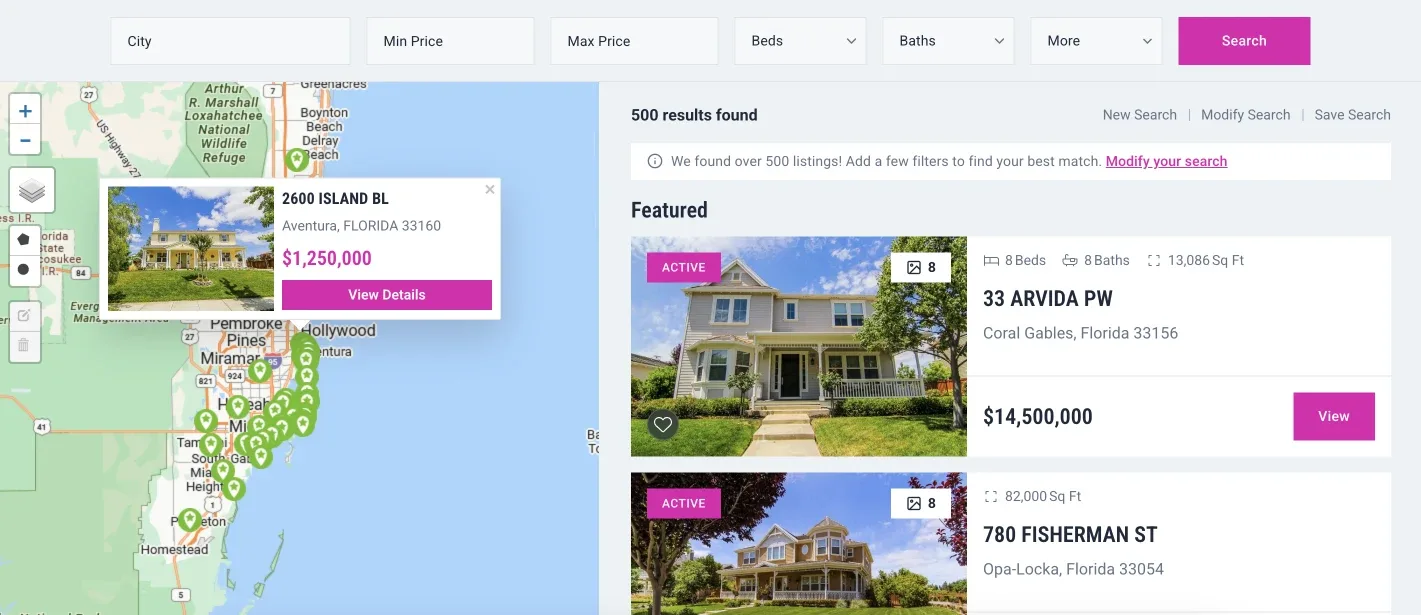 IDX search results with the search button and price in the brand color