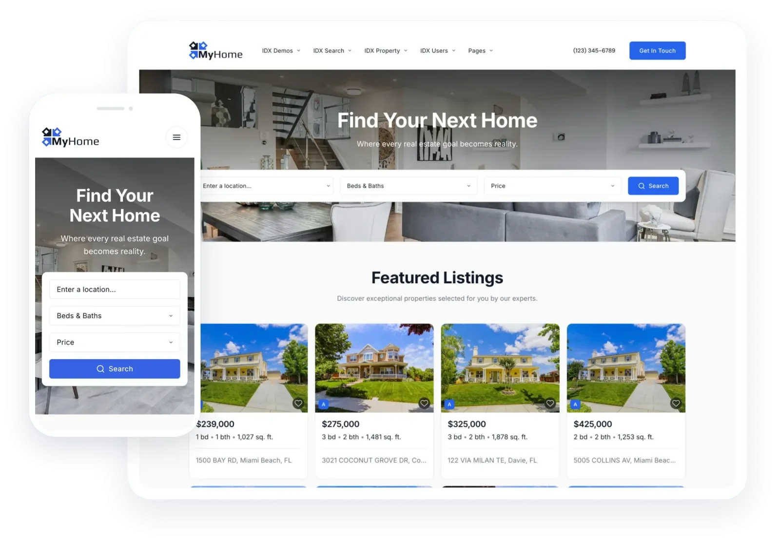 A real estate website on desktop and phone, with the IDX search bar and featured listings