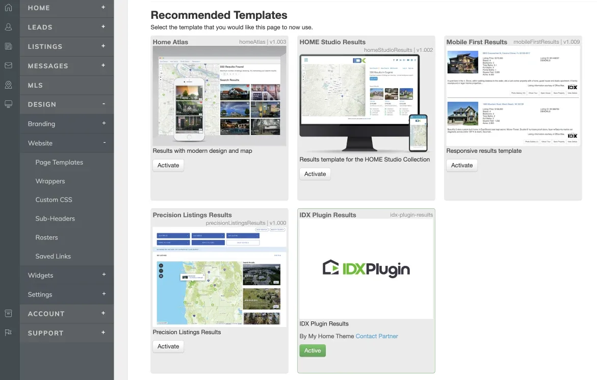 IDX Broker Recommended Templates screen with the IDX Plugin Results template marked Active