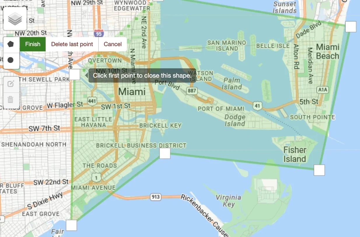 Drawing a polygon on the map with the prompt to click the first point to close the shape