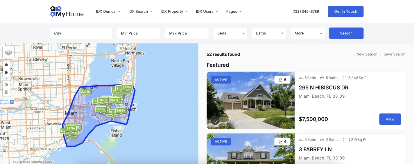 A custom area saved link on a site, showing the polygon on the map and the listings inside it
