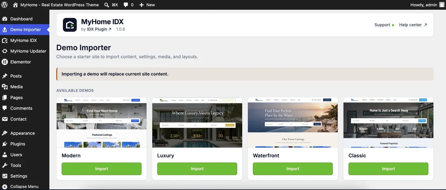 MyHome Demo Importer listing the four starter sites