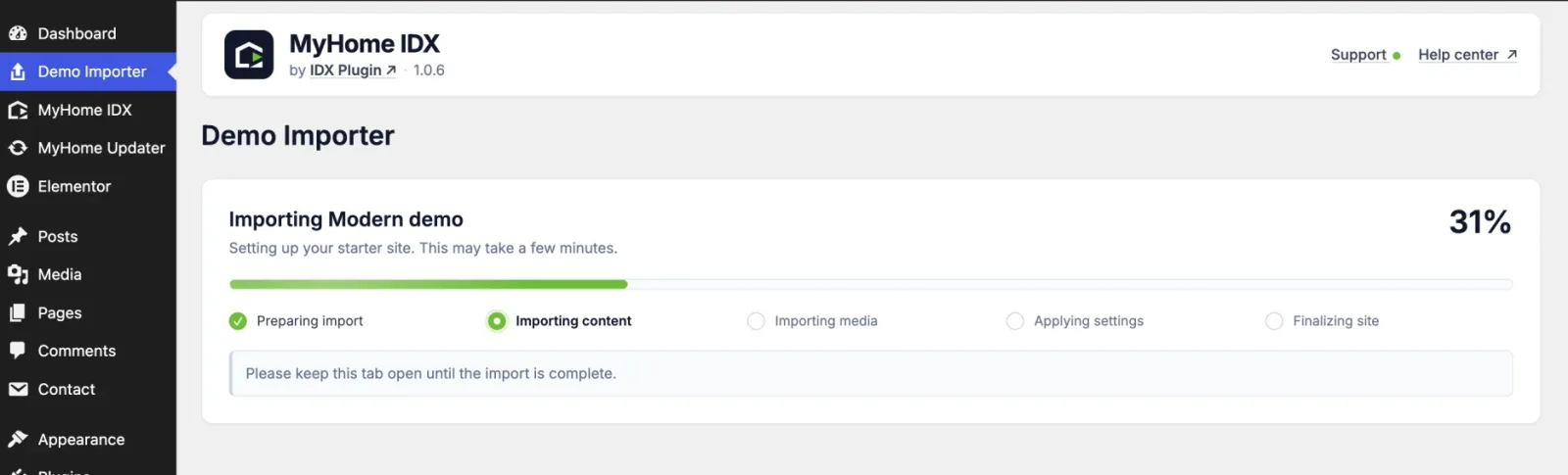MyHome Demo Importer running an import