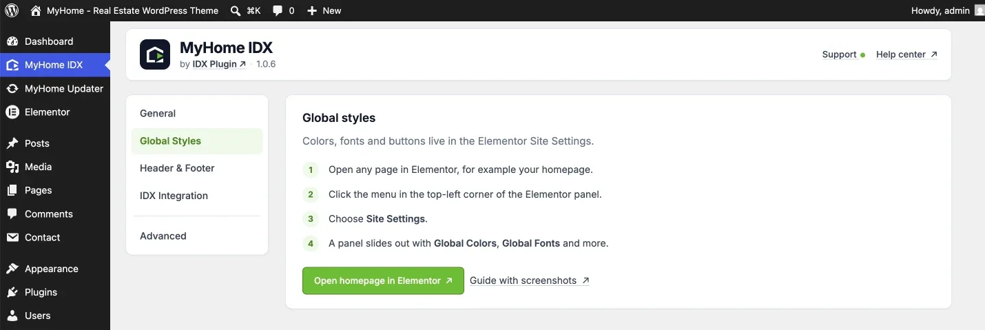 Global Styles screen in the MyHome IDX panel pointing to the Elementor Site Settings