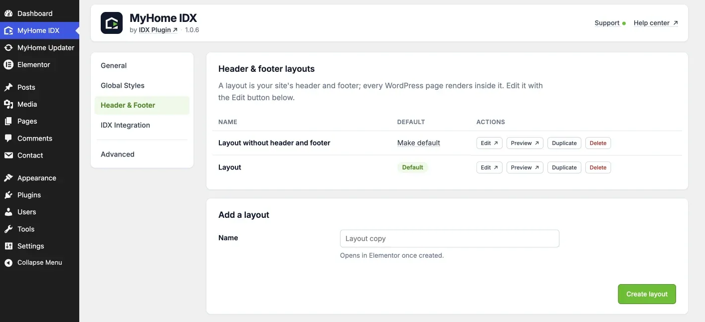 Header and footer layouts screen in the MyHome IDX panel