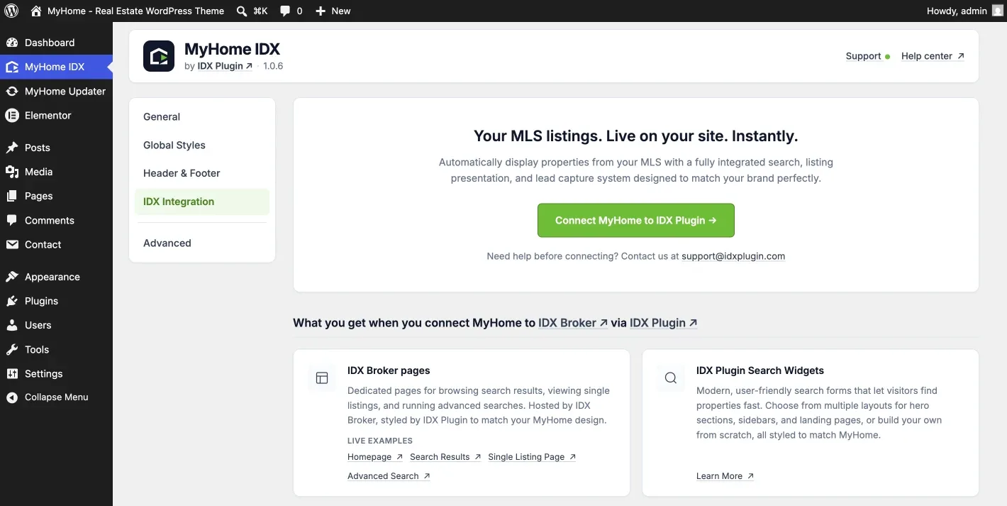 IDX Integration screen in the MyHome IDX panel before connecting, with the Connect MyHome to IDX Plugin button