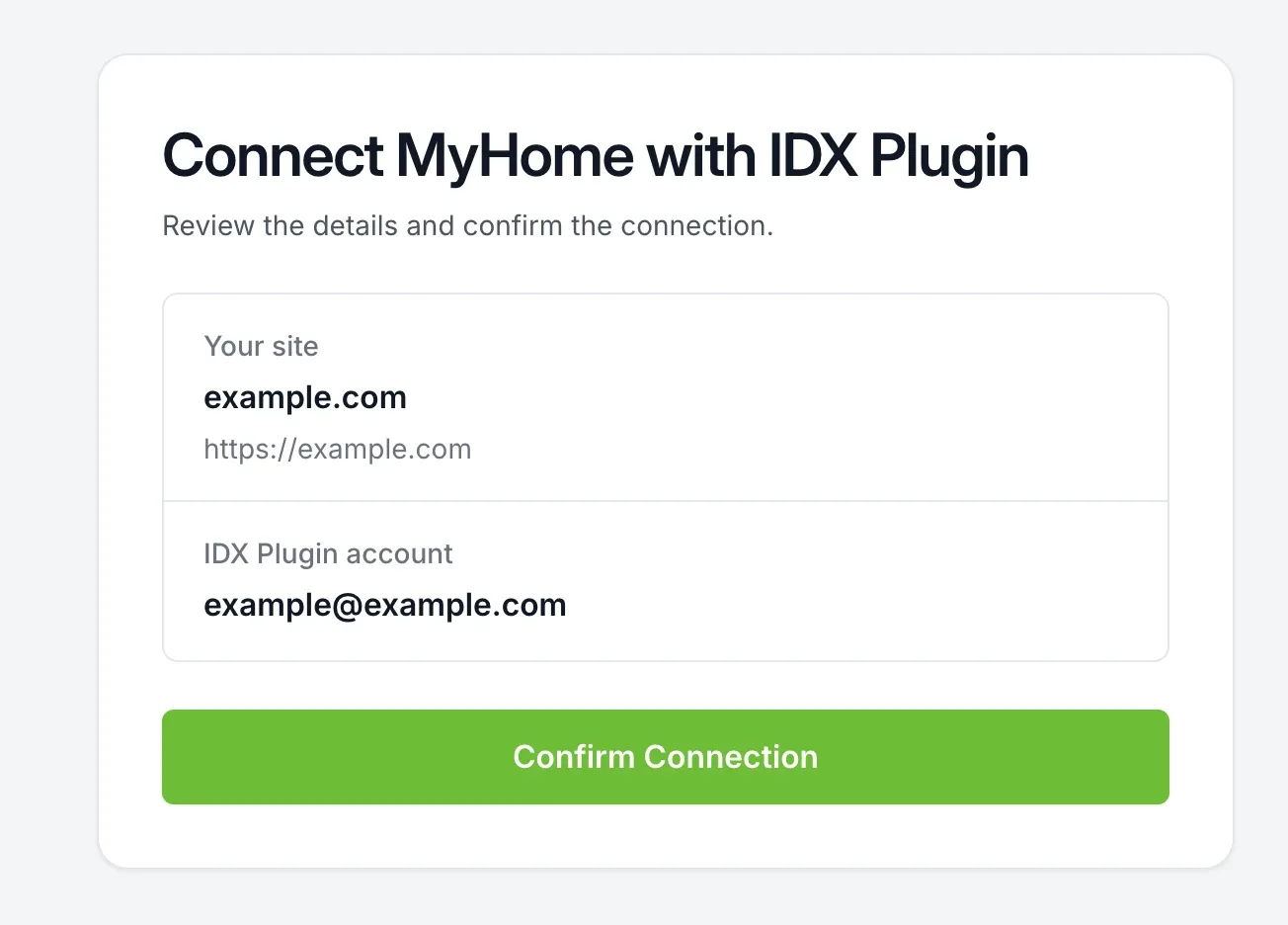 Confirm Connection screen on idxplugin.com showing the site address and the IDX Plugin account
