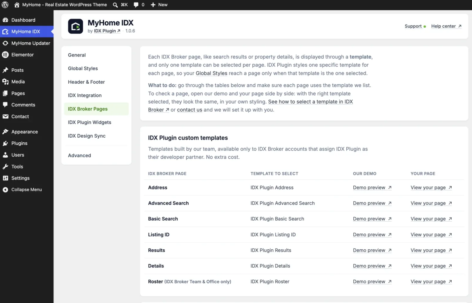 IDX Broker Pages screen in the MyHome IDX panel with the custom templates table