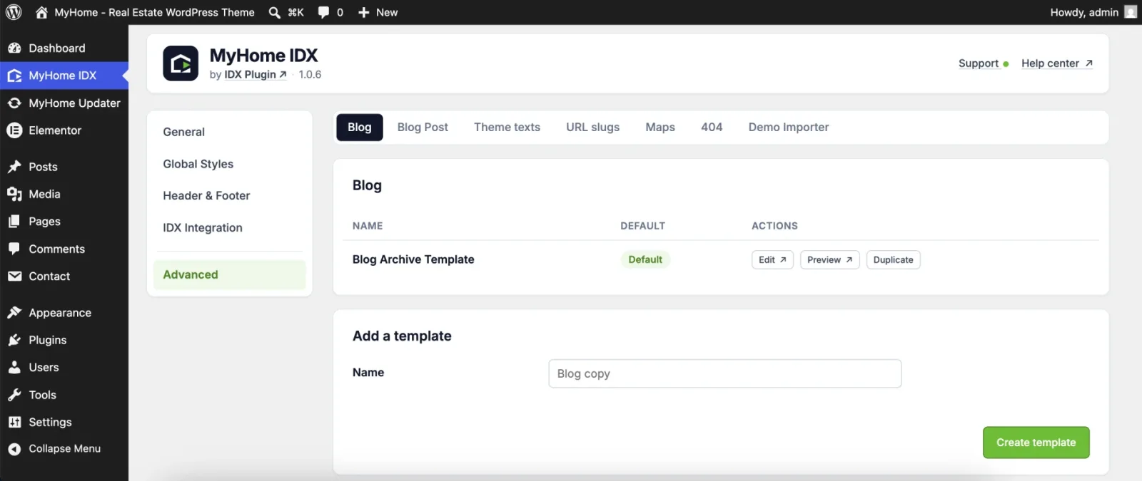 Blog tab in the MyHome IDX panel with the Blog Archive Template