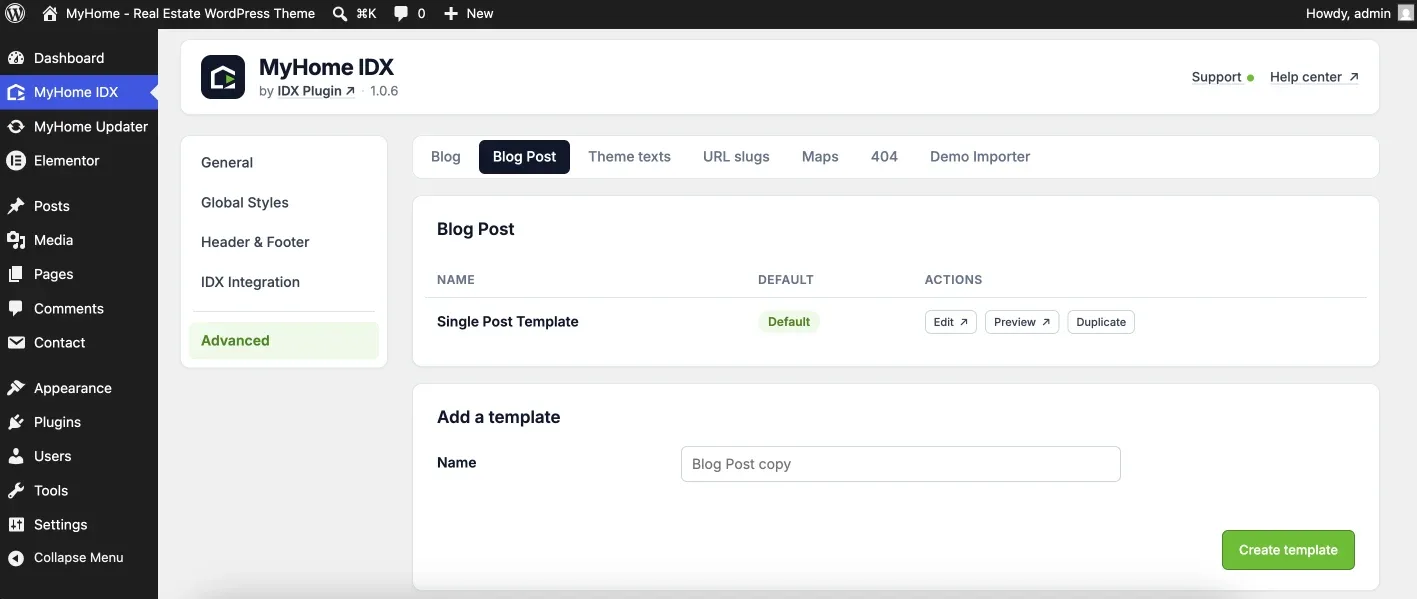 Blog Post tab in the MyHome IDX panel with the Single Post Template
