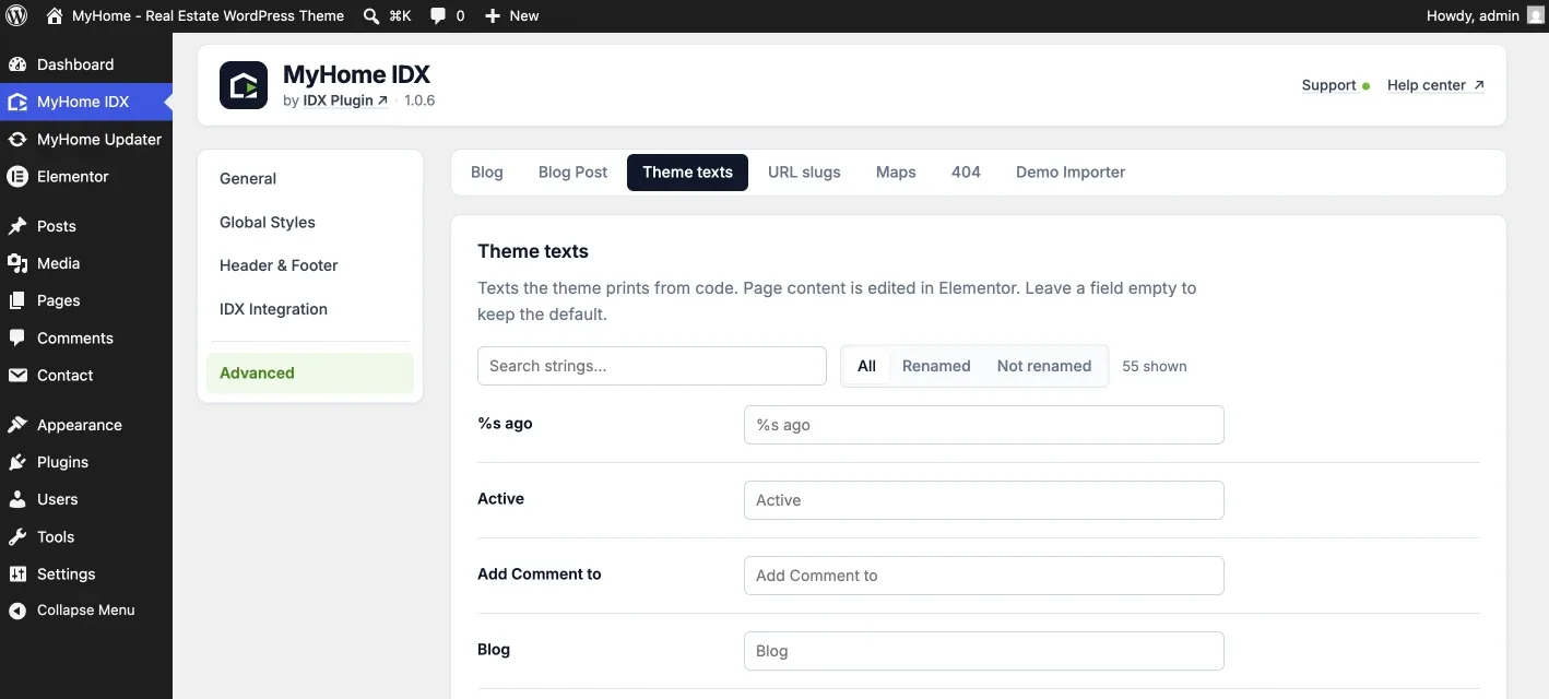 Theme texts tab in the MyHome IDX panel with the search box and filters