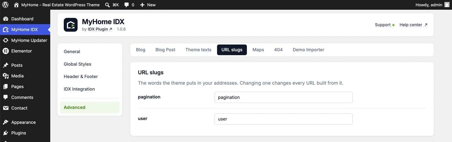 URL slugs tab in the MyHome IDX panel with the pagination and user fields