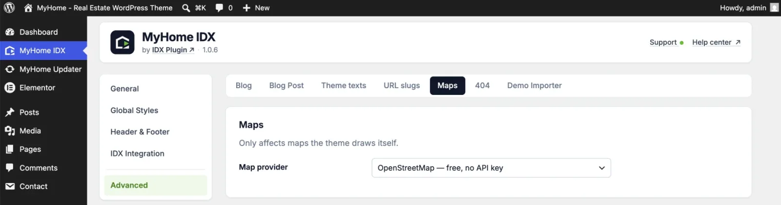 Maps tab in the MyHome IDX panel with the map provider selector