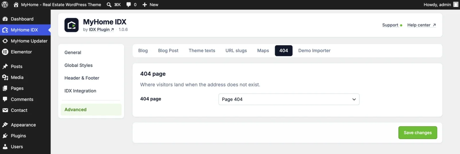 404 tab in the MyHome IDX panel with the page selector