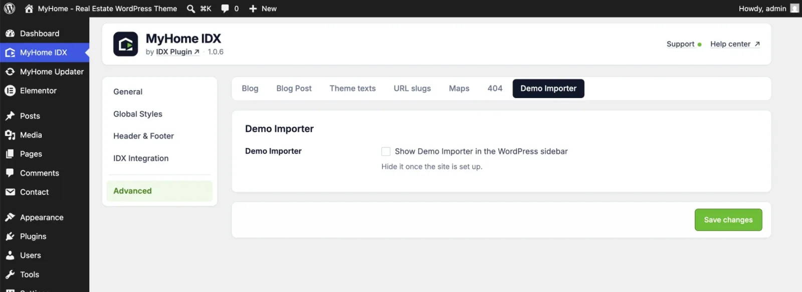 Demo Importer tab in the MyHome IDX panel with the visibility checkbox