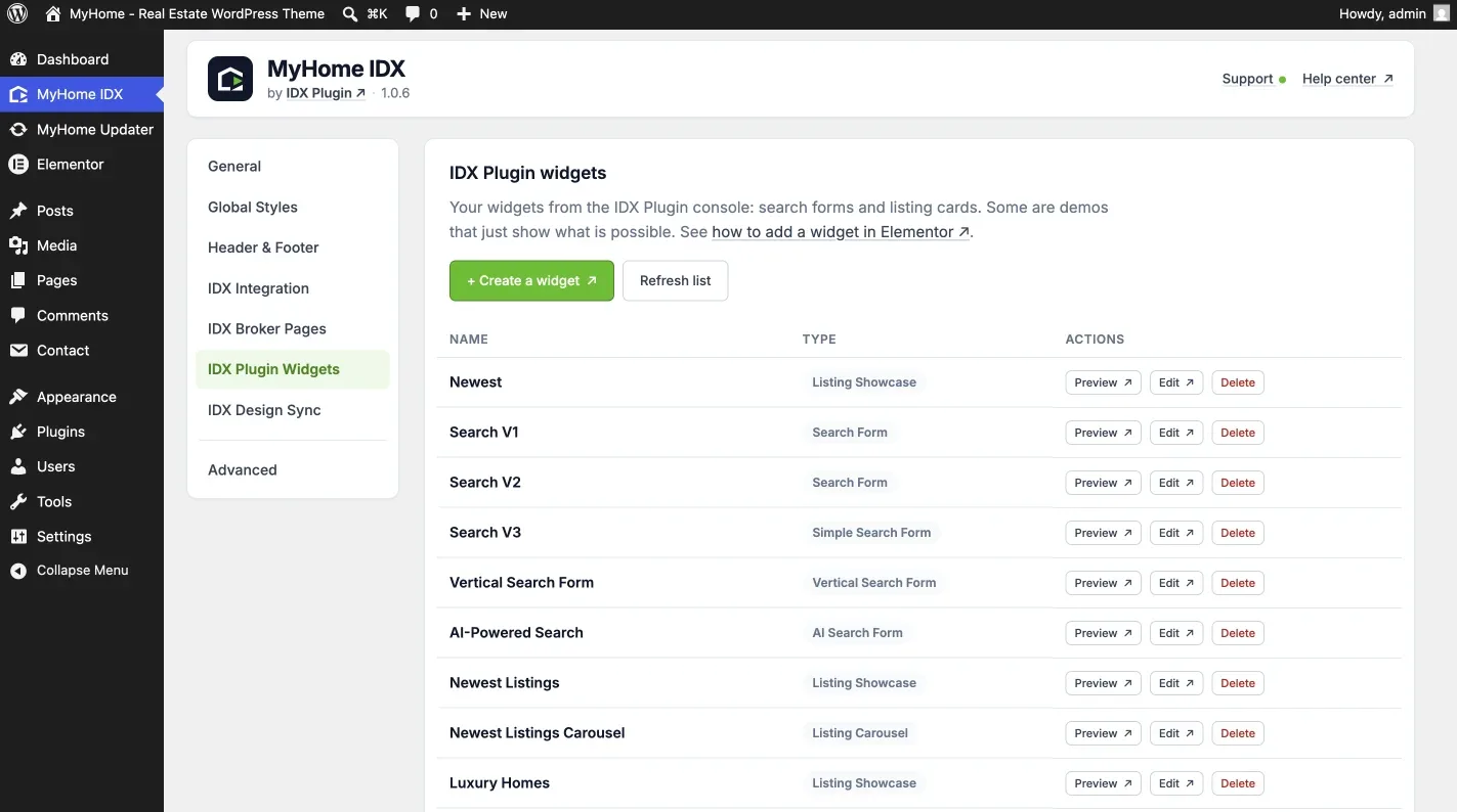 IDX Plugin Widgets screen in the MyHome IDX panel listing widgets with their type and actions