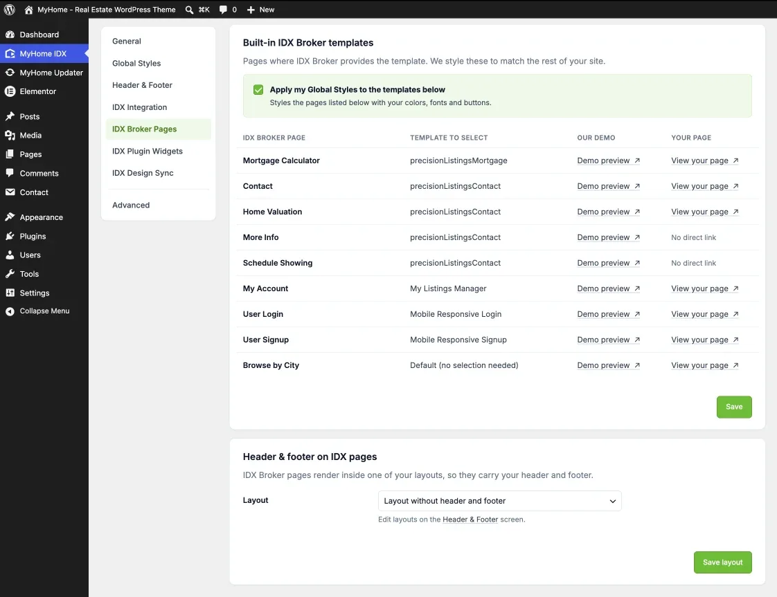 Built-in IDX Broker templates table with the Global Styles checkbox and the layout selector