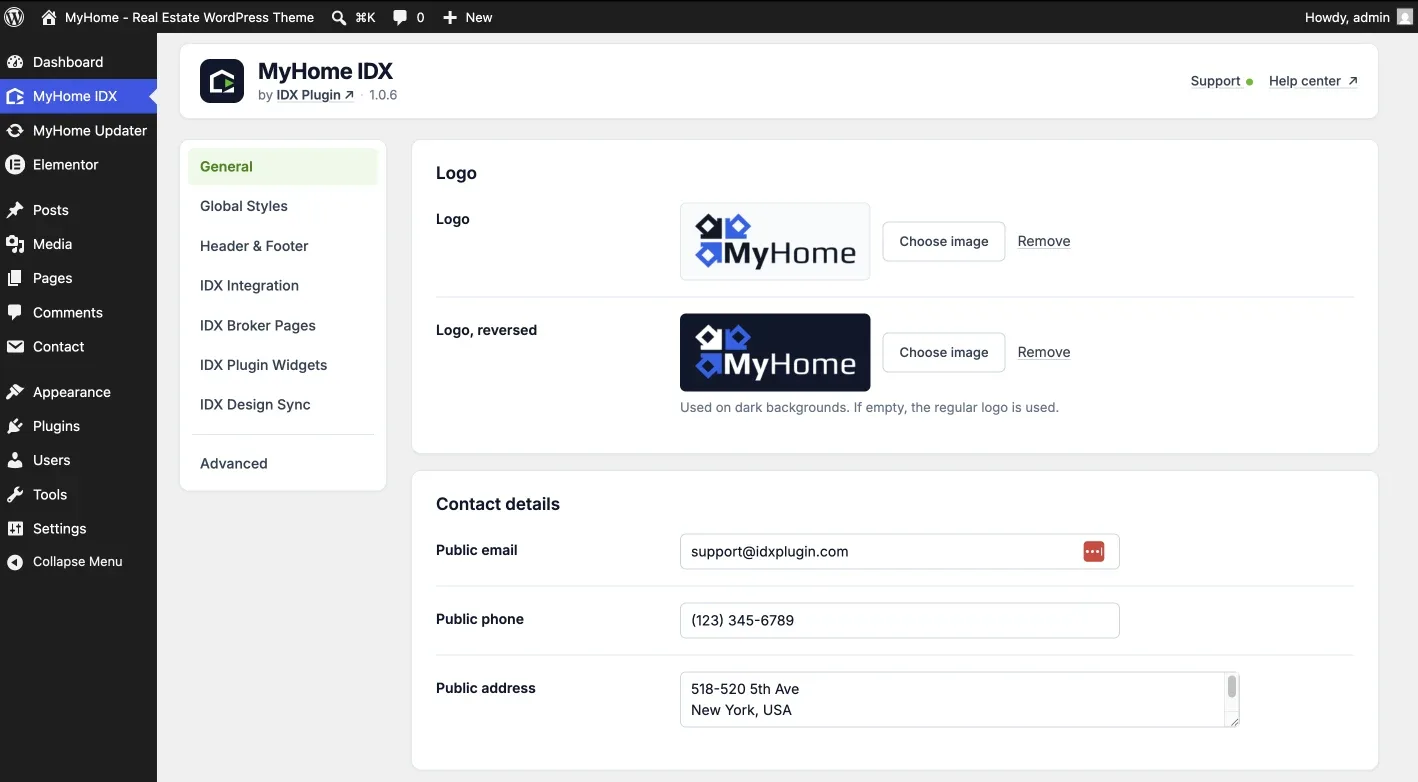 MyHome IDX panel on the General screen after the demo import