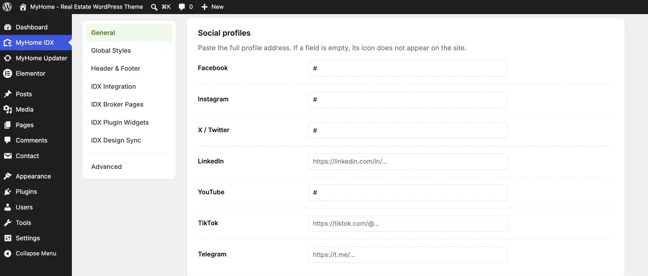 Social profiles fields on the General screen of the MyHome IDX panel