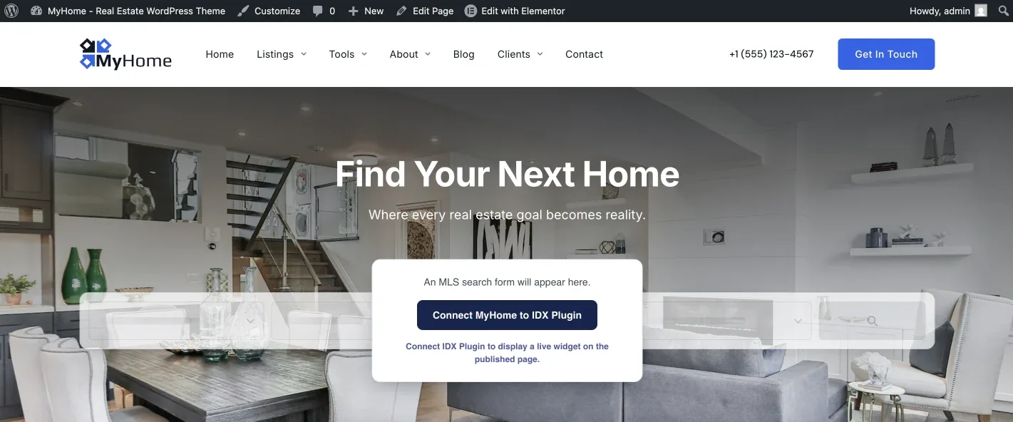 MyHome IDX homepage before connecting, with a placeholder card over the outlined search form