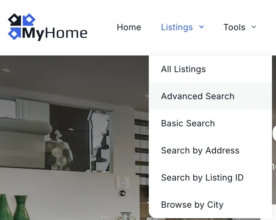 Listings dropdown on a MyHome IDX site with IDX Broker pages as menu items