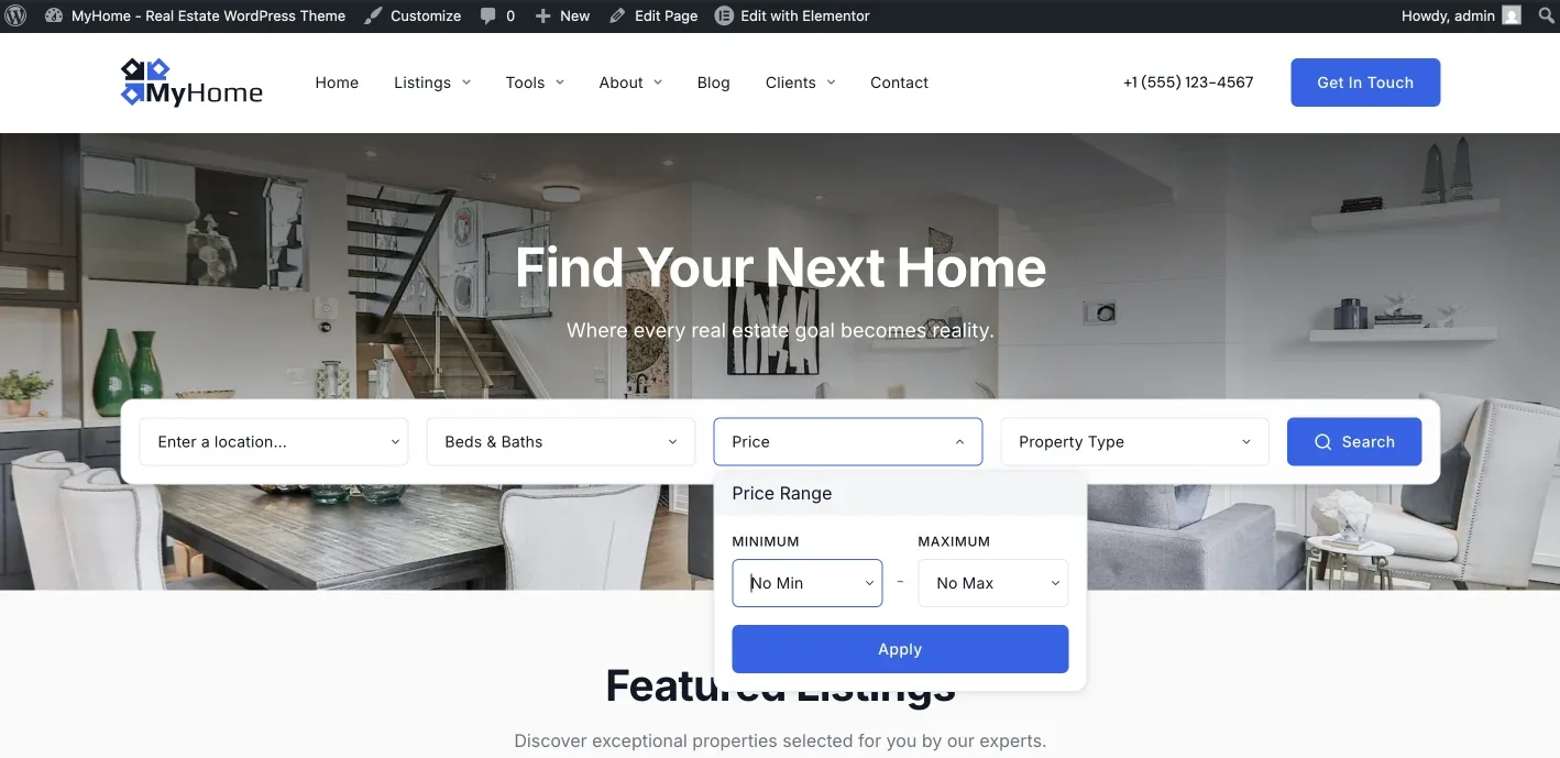 MyHome IDX homepage after connecting, with a working search form and the price range open